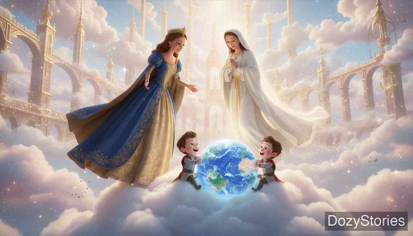 圣母的孩子 - 王后生下第三个女儿。圣母带她上天堂看望两个儿子以感化她，但她第三次否认罪行。圣母带走第三个孩子。由于群情激愤，国王无法再包庇，王后被判处火刑。 - 场景插画 4