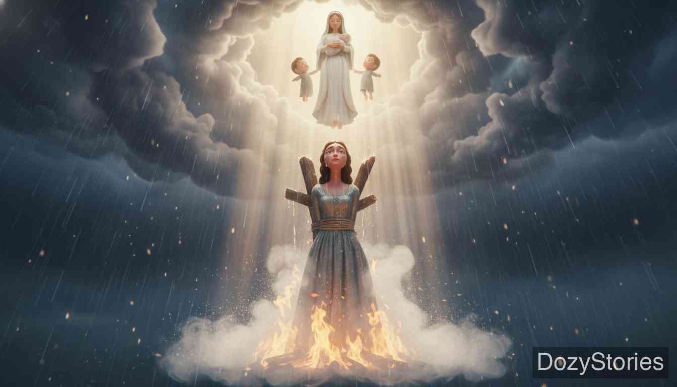 Mary's Child - At the stake, as the fire rises, the Queen finally repents and confesses in her heart. Rain extinguishes the flames, and Mary descends with the three children, restoring the Queen's voice and happiness, for the repentant are forgiven. - Scene Illustration 5