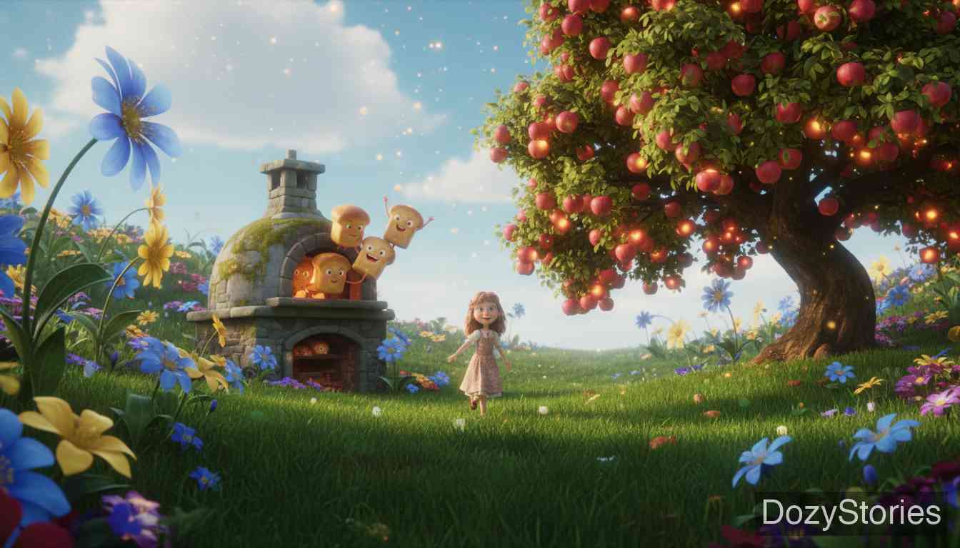 霍勒大妈 - 女孩在美丽的草地上醒来，她一路上帮助了快烤焦的面包和沉甸甸的苹果树。 - 场景插画 2