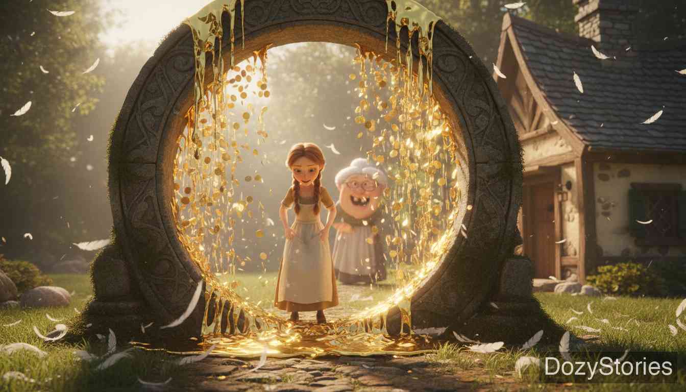 霍勒大妈 - 女孩来到霍勒大妈家勤劳做工，在她归家时，霍勒大妈赠予她一身金子作为奖赏。 - 场景插画 3