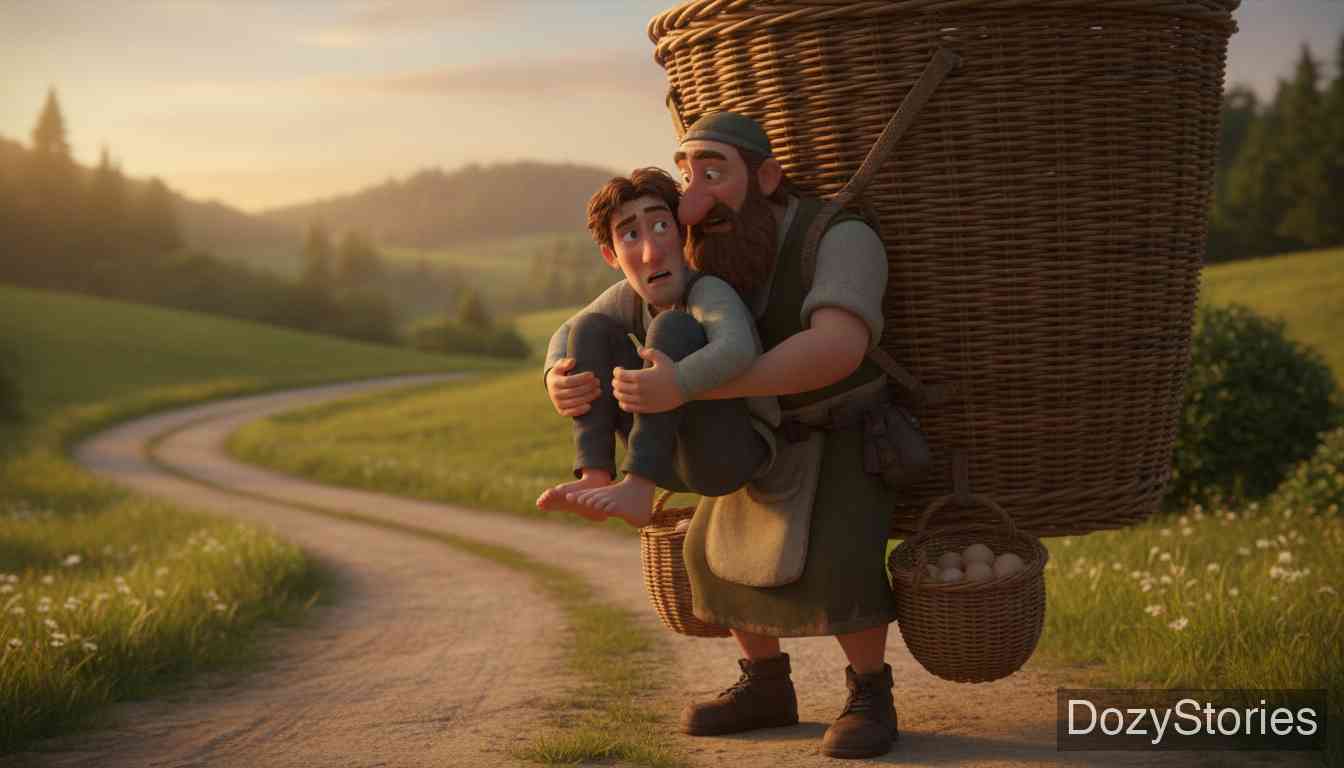 老希尔德布朗 - 农夫在赶路途中遇到了他的教父——一位卖蛋商人。商人听闻此事，揭穿了牧师的骗局，并提议将农夫藏在蛋筐里背回家，让他亲眼看看真相。 - 场景插画 3