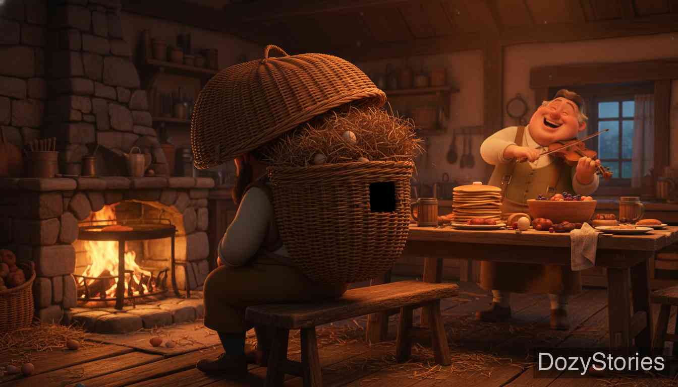 老希尔德布朗 - 商人背着藏有农夫的筐来到农舍，发现里面正热火朝天地举办宴会。妻子和牧师虽然觉得被打扰，但还是让商人坐在炉边，浑然不知农夫就在旁边。 - 场景插画 4