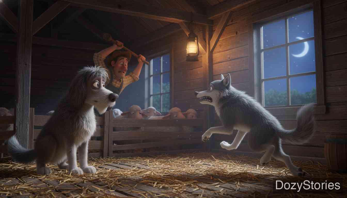 Old Sultan - The wolf asks for a sheep in return, but Sultan refuses. When the wolf tries to steal one, he is beaten, and vows revenge on the dog. - Scene Illustration 3