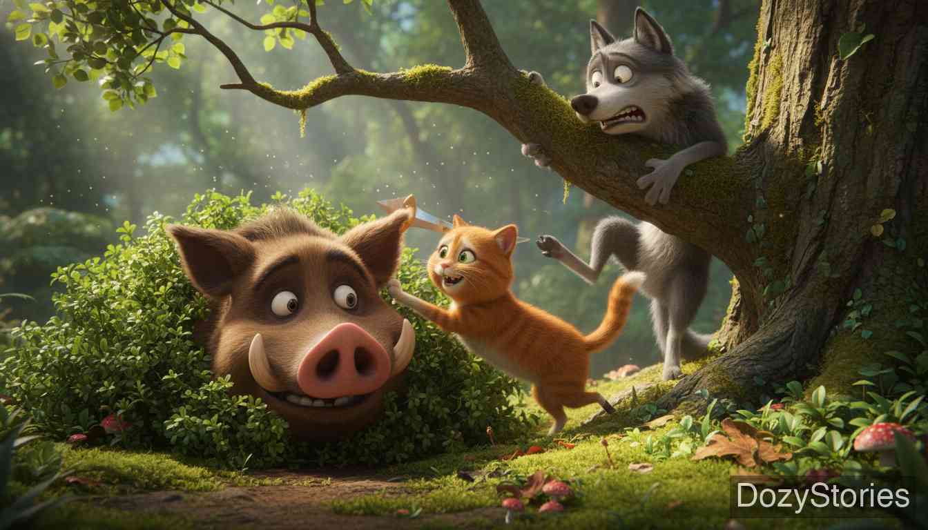 老苏丹 - 狼和野猪被吓得躲藏起来，猫误咬了野猪的耳朵，导致狼的藏身处暴露，最终大家握手言和。 - 场景插画 5