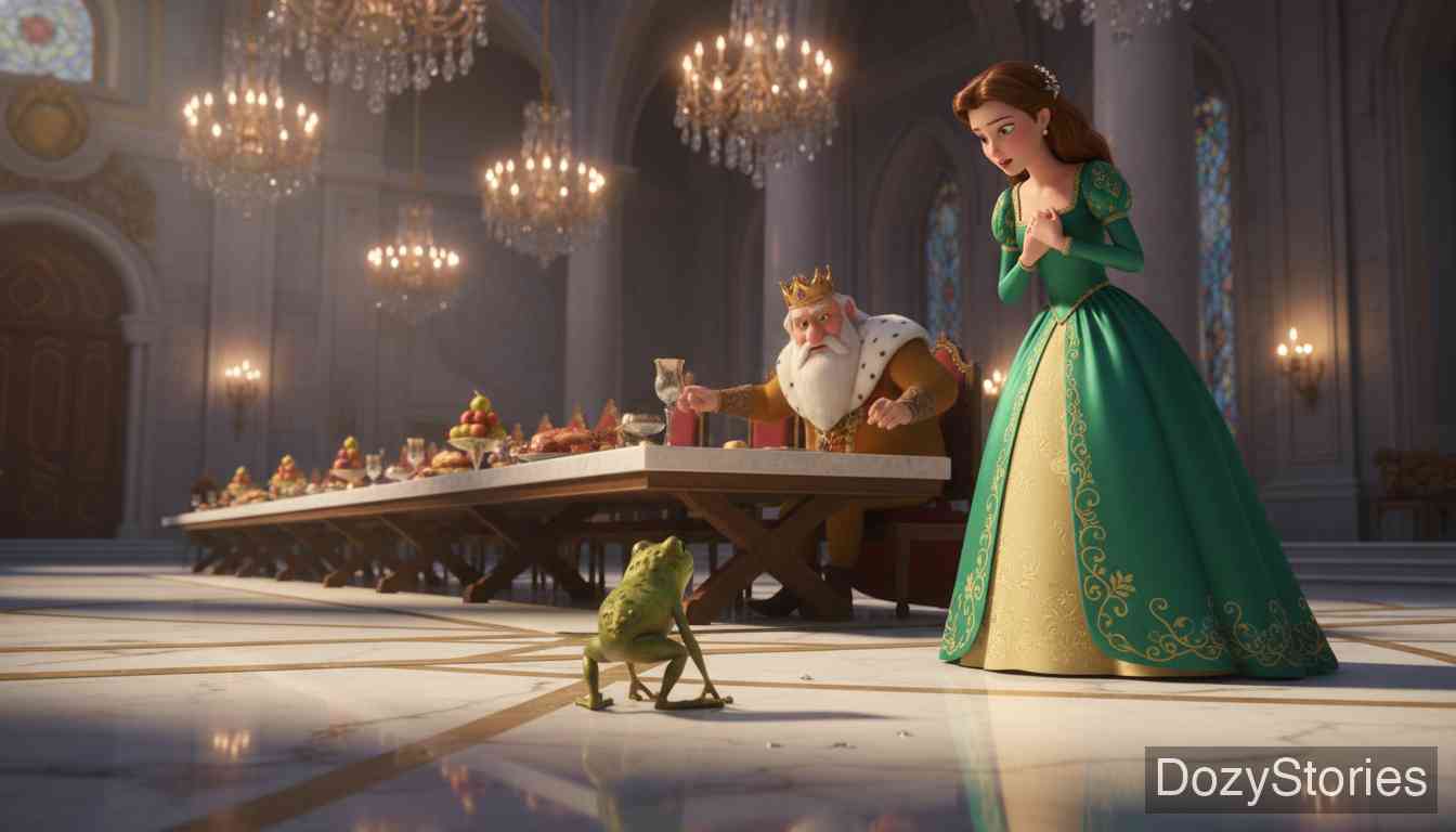 The Frog King or Iron Henry - During dinner the next day, the frog knocks at the castle door demanding the promise be kept; the King, upon learning the truth, orders the princess to let the frog in. - Scene Illustration 2