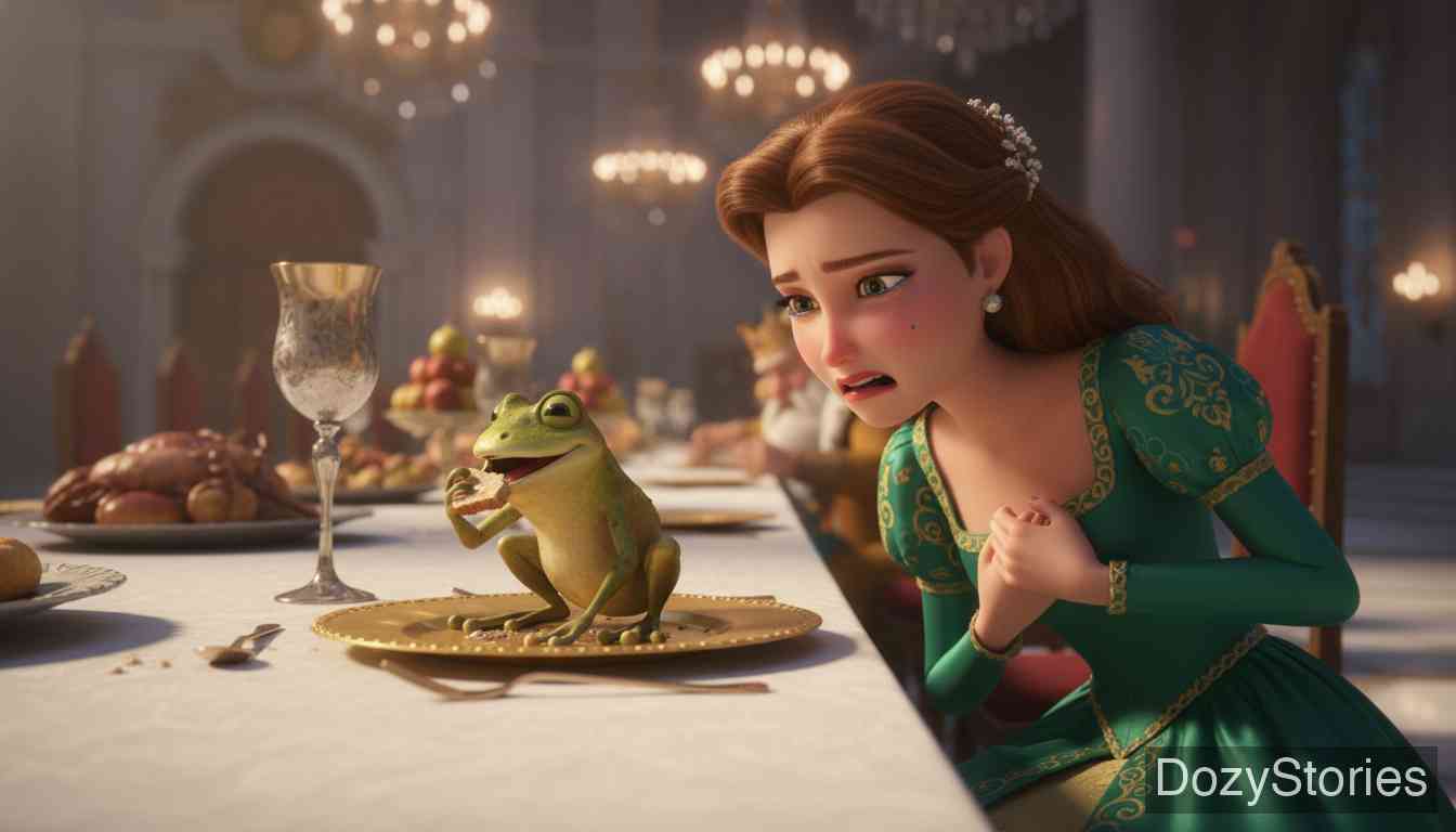 The Frog King or Iron Henry - The frog hops onto the table and forces the princess to share her golden plate; she complies with disgust, and finally, the frog demands to sleep in her bed. - Scene Illustration 3