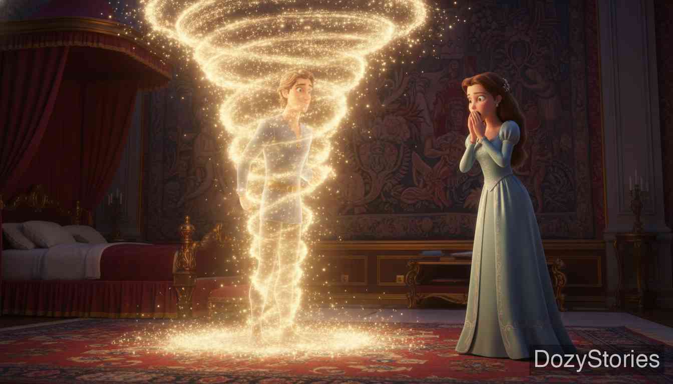 青蛙王子 - 在卧室里，愤怒的公主将青蛙扔向墙壁，青蛙瞬间变成了一位英俊的王子。他讲述了被诅咒的经历，两人订下了婚约。 - 场景插画 4