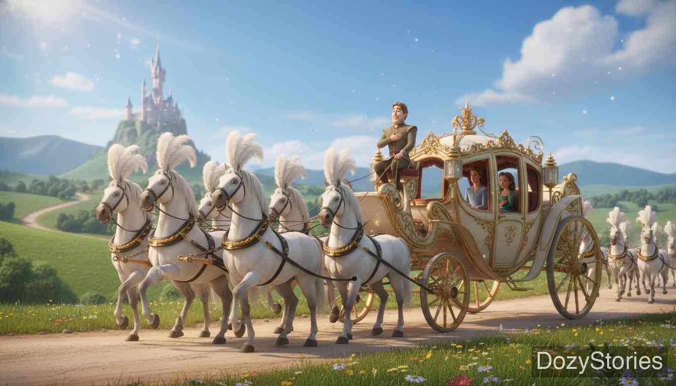 青蛙王子 - 王子和公主坐上马车离开。忠诚的亨利站在车后，他心上的铁箍因主人获救后的喜悦而一一崩裂。 - 场景插画 5