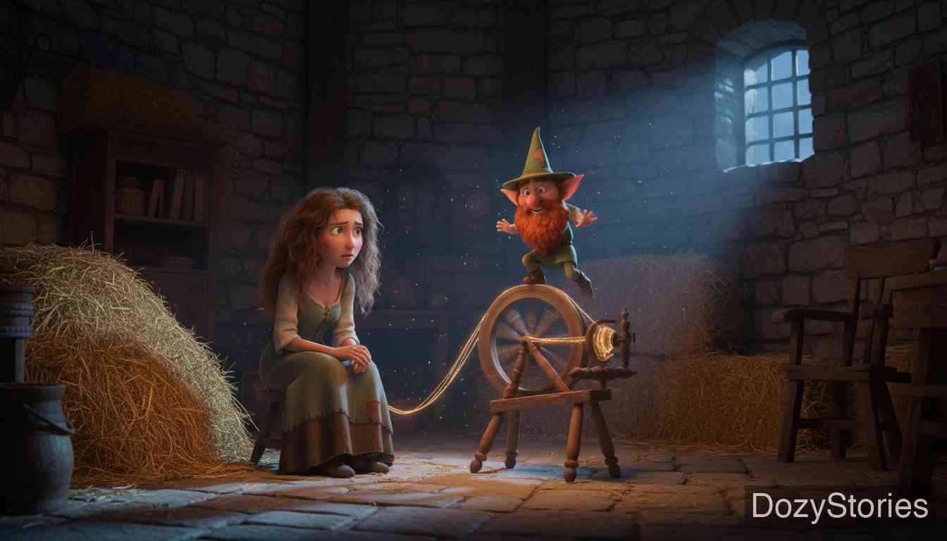 侏儒怪(维佩尔史提尔茨金) - 磨坊主吹嘘女儿能将稻草纺成金子,国王将她关入满是稻草的房间,绝望之际,一个小矮人出现并提出了交易。 - 场景插画 1