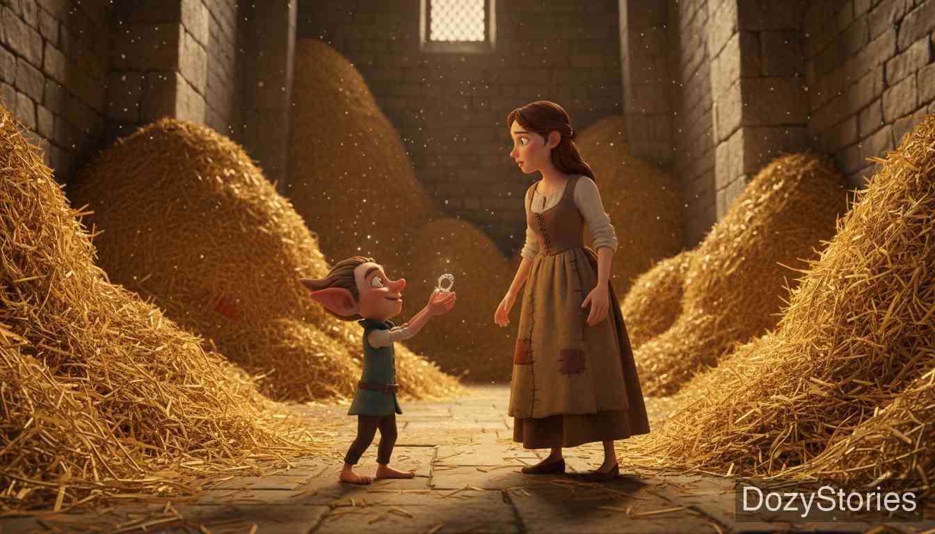 侏儒怪(维佩尔史提尔茨金) - 贪婪的国王看到金子后,将姑娘关进了更大的稻草房。小矮人再次出现,以姑娘的戒指为交换,帮她完成了任务。 - 场景插画 2