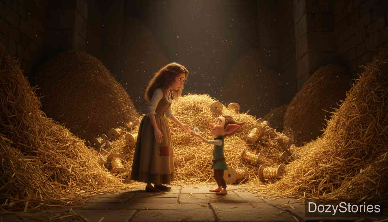 侏儒怪(维佩尔史提尔茨金) - 国王承诺若能再纺一屋金子便娶她为妻。姑娘身无分文,只得答应将来的头生子送给小矮人。任务完成后,她成为了王后。 - 场景插画 3