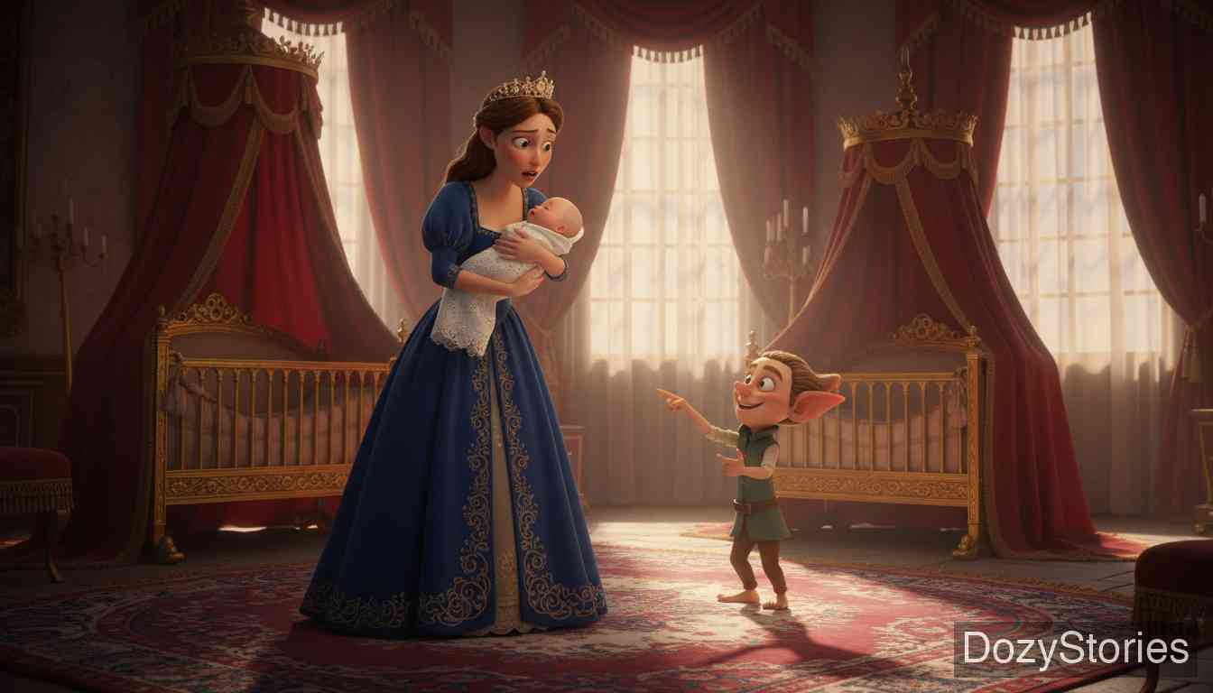 侏儒怪(维佩尔史提尔茨金) - 一年后王后生下孩子,小矮人依约前来索要。王后苦苦哀求,小矮人给了她三天时间,若能猜出他的名字便放过孩子。 - 场景插画 4