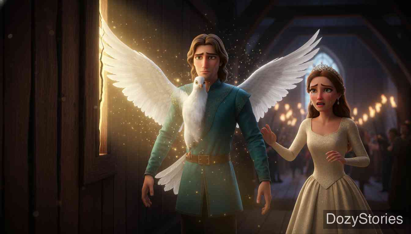 会唱会跳的小百灵鸟 - 狮子原来是一位被施了魔法的王子，两人幸福成婚。但在参加姐姐的婚礼时，一道烛光意外射中王子，将他变成了鸽子，妻子不得不追随它的血迹和羽毛流浪七年。 - 场景插画 2