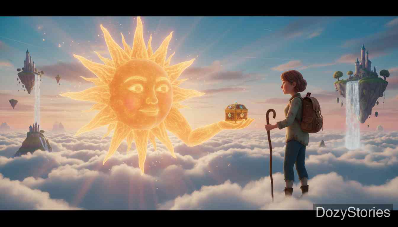 会唱会跳的小百灵鸟 - 七年过去了，踪迹突然消失。妻子向太阳、月亮和风寻求帮助，不仅得到了神奇的礼物，还得知丈夫在红海与一条龙搏斗。 - 场景插画 3