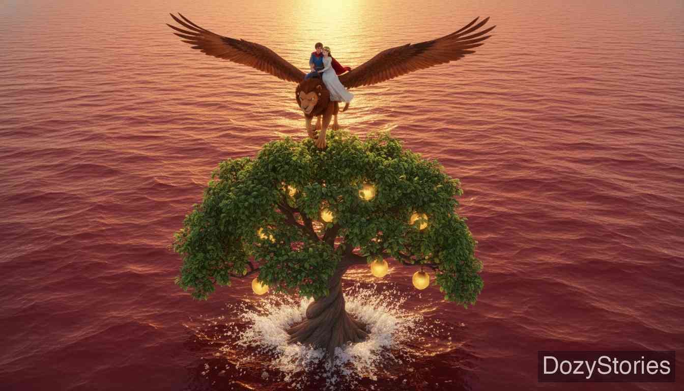 会唱会跳的小百灵鸟 - 妻子用太阳裙和月亮母鸡换取了在王子房中过夜的机会。第一夜失败了，但第二夜王子听到了她的诉说，认出了她。两人骑着狮鹫，利用坚果树休息，最终逃回了家。 - 场景插画 5