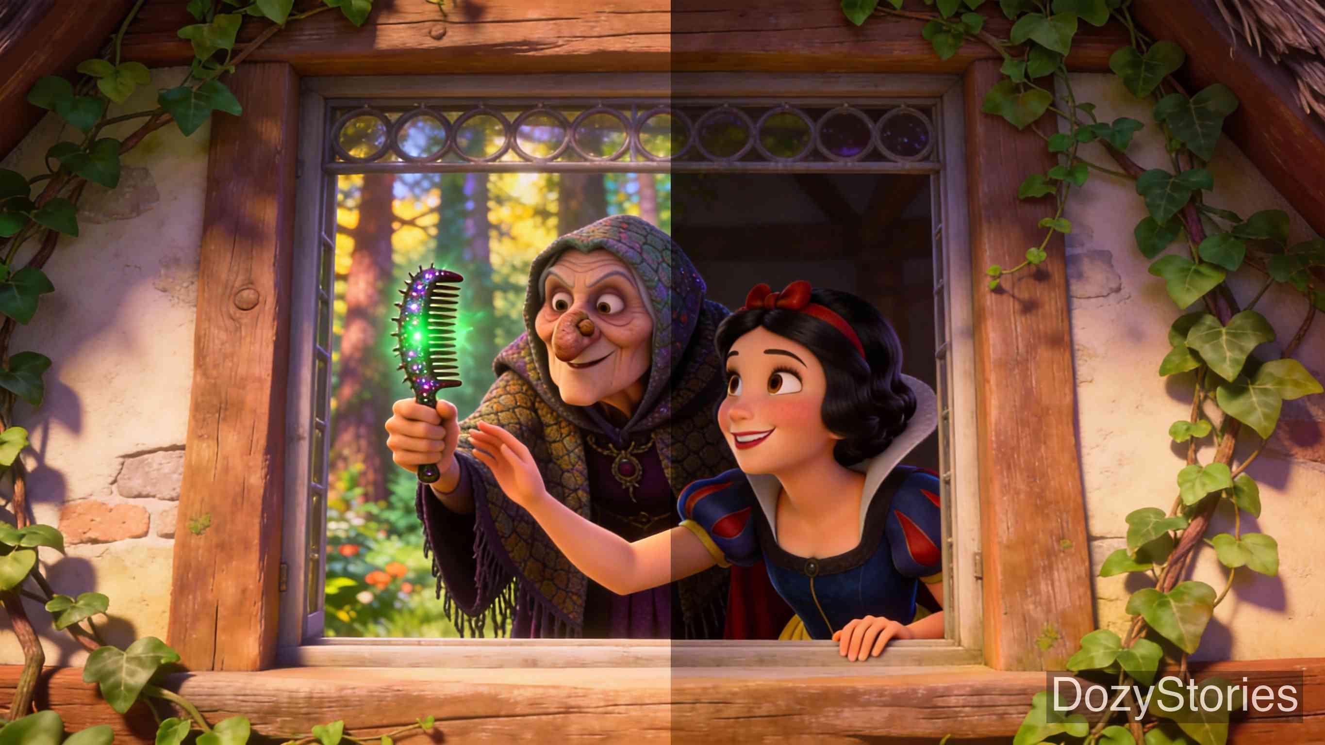 白雪公主 - 白雪公主逃进森林，发现了一座小房子并在那里休息，七个小矮人回家后发现了她，并收留了她。 - 场景插画 2