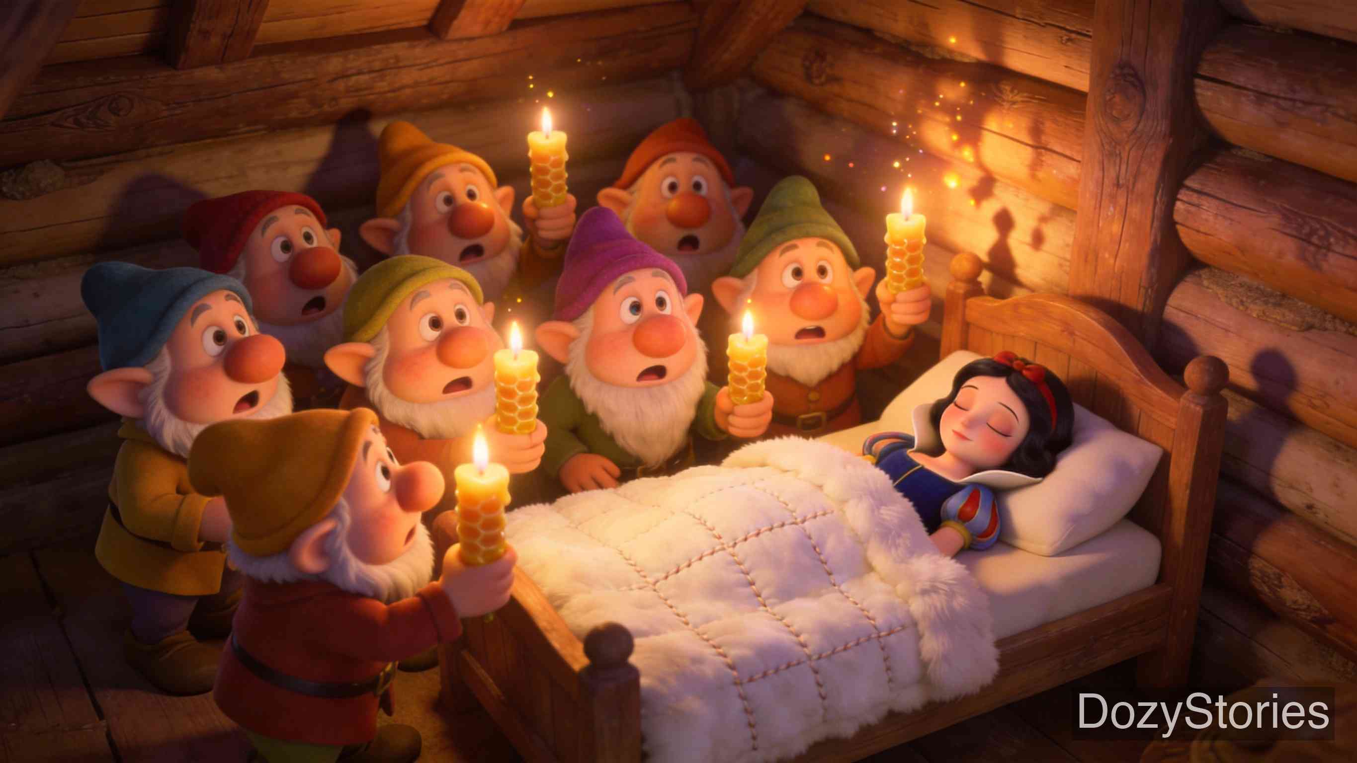 白雪公主 - 恶毒王后发现白雪公主还活着，便伪装成老妇人，先后用紧身蕾丝和毒梳子试图害死她，幸好小矮人及时相救。 - 场景插画 3