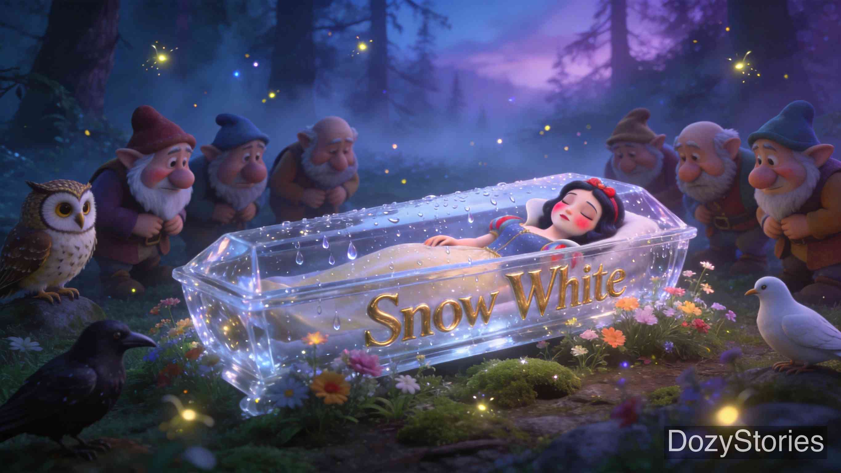 白雪公主 - 王后制造了一个毒苹果，骗白雪公主吃下。公主死去，悲伤的小矮人将她安放在水晶棺材中。 - 场景插画 4