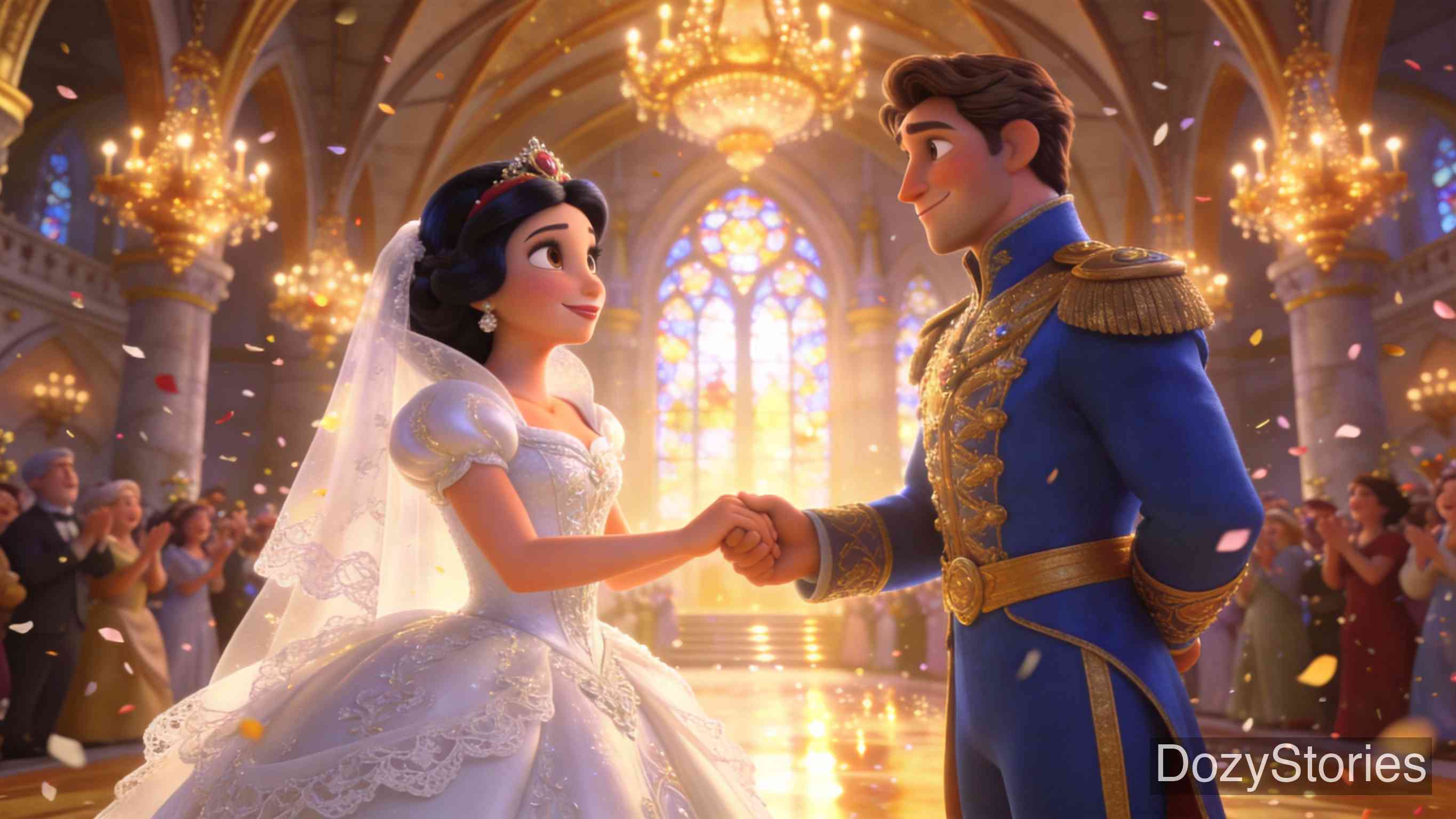 白雪公主 - 一位王子带走棺材时意外震出了毒苹果，白雪公主苏醒并与王子结婚。恶毒王后在婚礼上受到惩罚，穿上红热的铁鞋跳舞至死。 - 场景插画 5