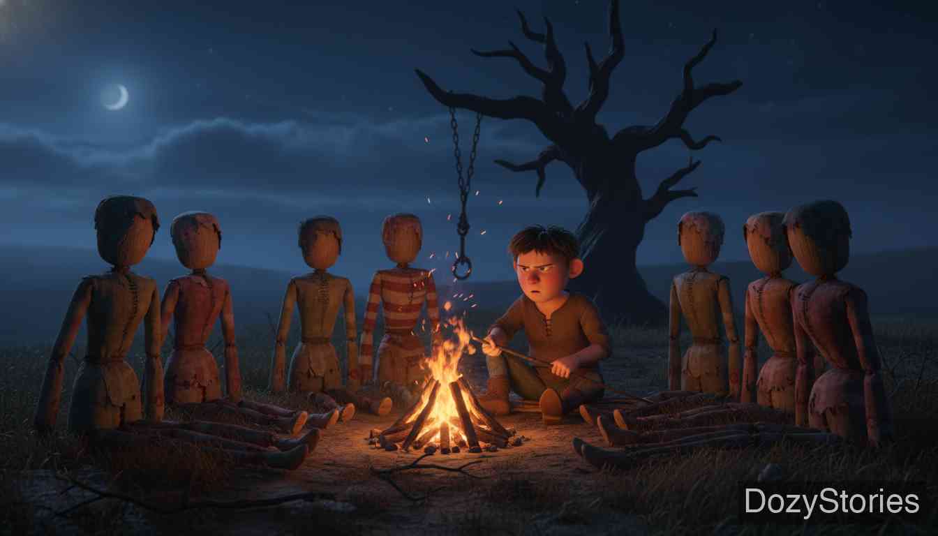 The Story of the Youth Who Went Forth to Learn What Fear Was - The boy sets out with fifty thalers. Spending the night under a gallows, he takes down seven hanged men to warm them by his fire. Annoyed that they let their clothes burn without reacting, he hangs them back up, failing to learn how to shudder. - Scene Illustration 2
