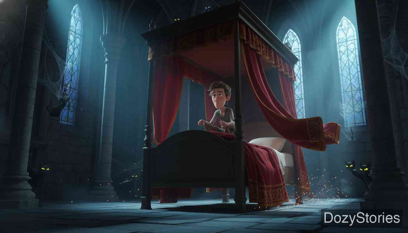 The Story of the Youth Who Went Forth to Learn What Fear Was - The youth enters a haunted castle, accepting the King's challenge to stay three nights to win the princess. On the first night, he subdues black cats with a cutting board and endures a wild bed ride, yet remains fearless. - Scene Illustration 3