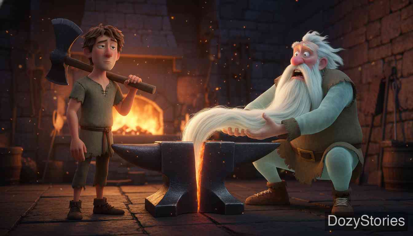 The Story of the Youth Who Went Forth to Learn What Fear Was - On the second night, he plays nine-pins with skulls. On the third night, he tries to warm a dead cousin who attacks him, then outwits an old bearded ghost by trapping his beard in an anvil to win treasure. - Scene Illustration 4