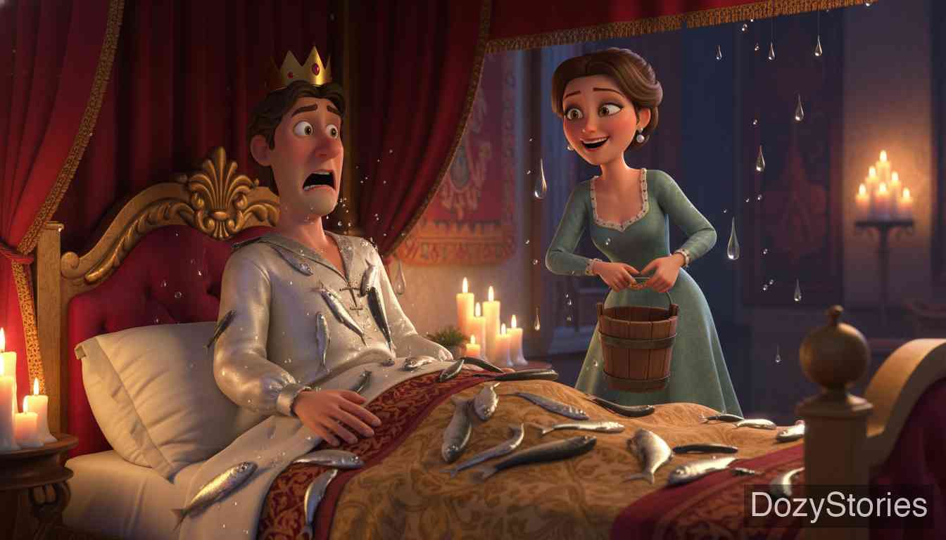 The Story of the Youth Who Went Forth to Learn What Fear Was - The wedding is celebrated, but the young King still complains. To cure him, his wife pours a bucket of cold water full of gudgeons over him while he sleeps. As the fish sprawl on him, he finally screams, realizing what it means to 'shudder.' - Scene Illustration 5