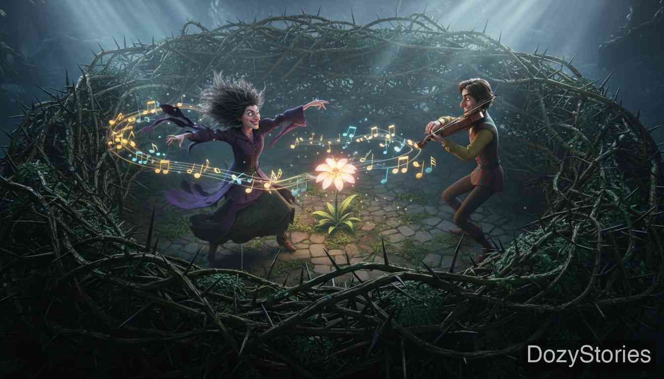 罗兰的爱人 - 女巫追赶这对恋人，女孩利用魔杖变身躲避，并最终用魔法琴声让女巫跳舞至死。 - 场景插画 2