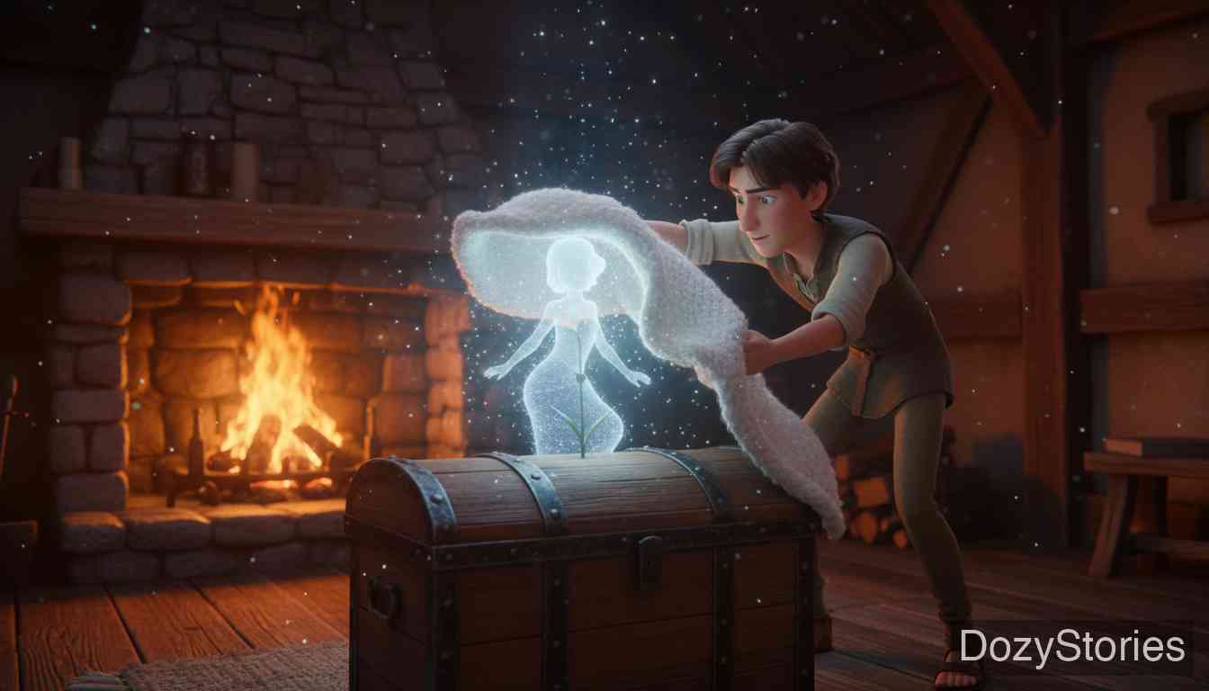 Sweetheart Roland - A shepherd takes the flower home and finds his chores magically done. With a wise woman's advice, he breaks the spell and reveals the beautiful maiden. - Scene Illustration 4