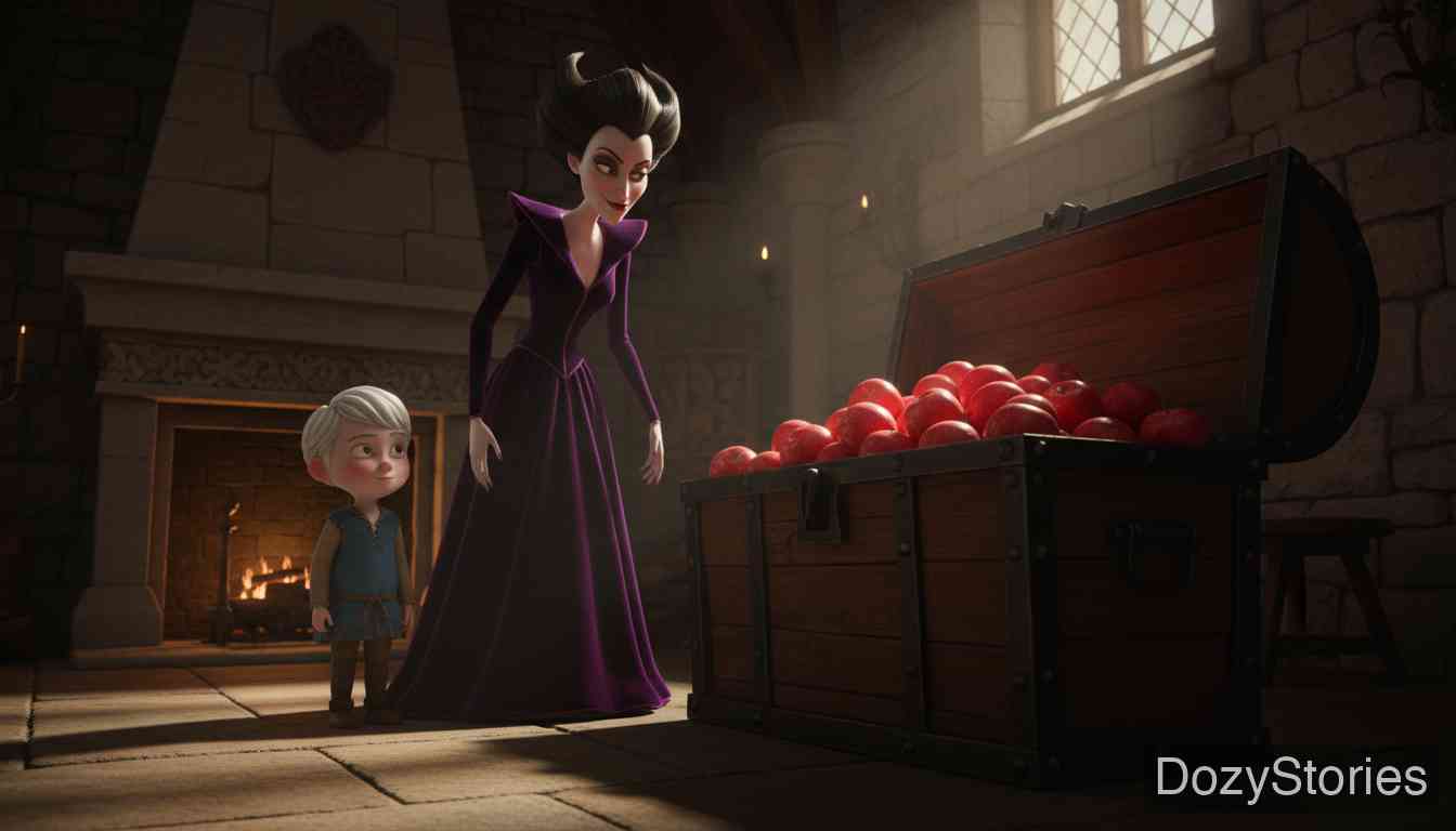 杏树 - 继母憎恨继子，用苹果箱的盖子杀害了他，并嫁祸给自己的女儿玛乔丽。 - 场景插画 2