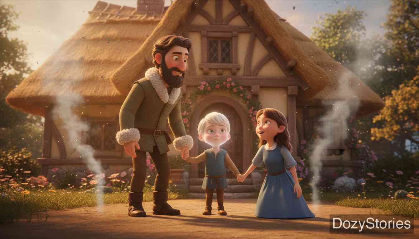 杏树 - 鸟儿将礼物分给家人，用磨盘砸死了恶毒的继母，随后变回小男孩，一家人幸福团聚。 - 场景插画 5