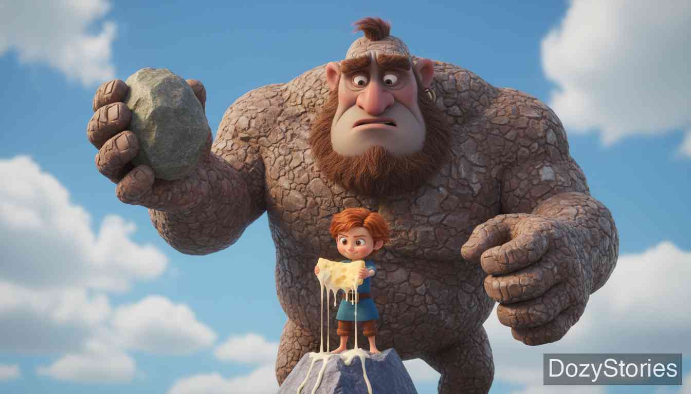 勇敢的小裁缝 - 小裁缝假装帮巨人扛树，又在跳樱桃树的比试中机智脱身。他在巨人的洞穴中过夜，躲过了巨人的暗杀，把巨人们吓得落荒而逃。 - 场景插画 2