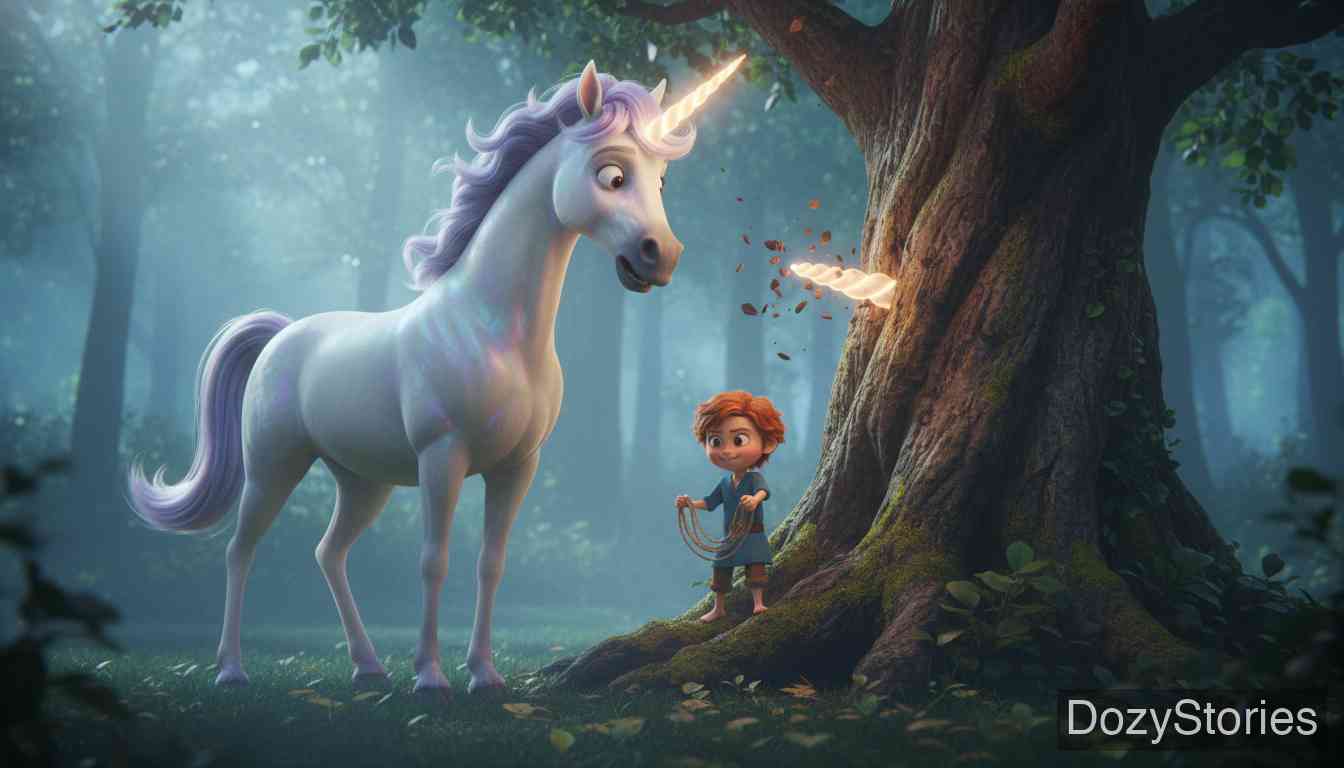 The Brave Little Tailor - The King retracts his offer and demands the tailor capture a unicorn and a wild boar. The tailor tricks the unicorn into sticking its horn in a tree and traps the boar in a chapel. - Scene Illustration 4
