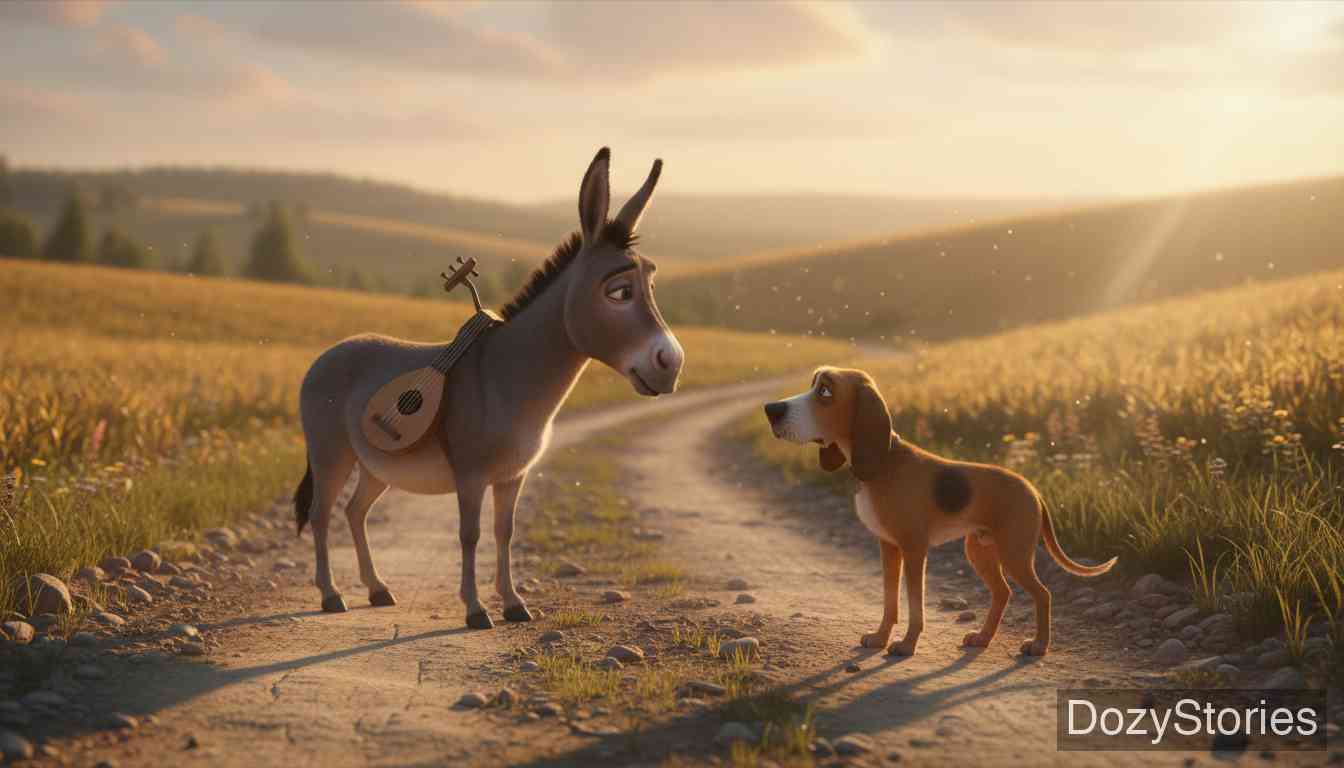 不来梅的城市乐手 - 年老体衰的驴子逃离了主人,在前往不来梅的路上遇到了一只同样落难的猎狗。 - 场景插画 1