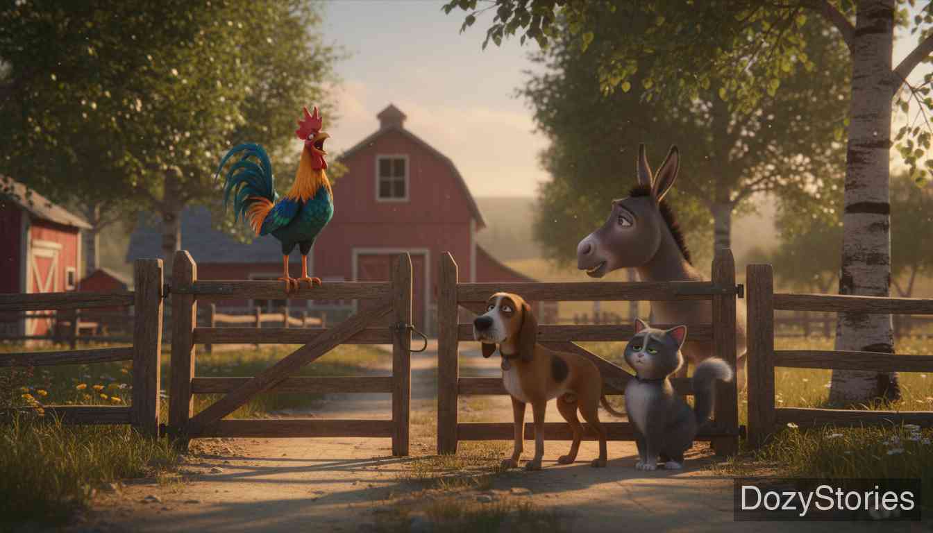 不来梅的城市乐手 - 驴子和猎狗随后又遇到了由于年老而面临危险的猫和公鸡,四位伙伴决定一同前往不来梅。 - 场景插画 2