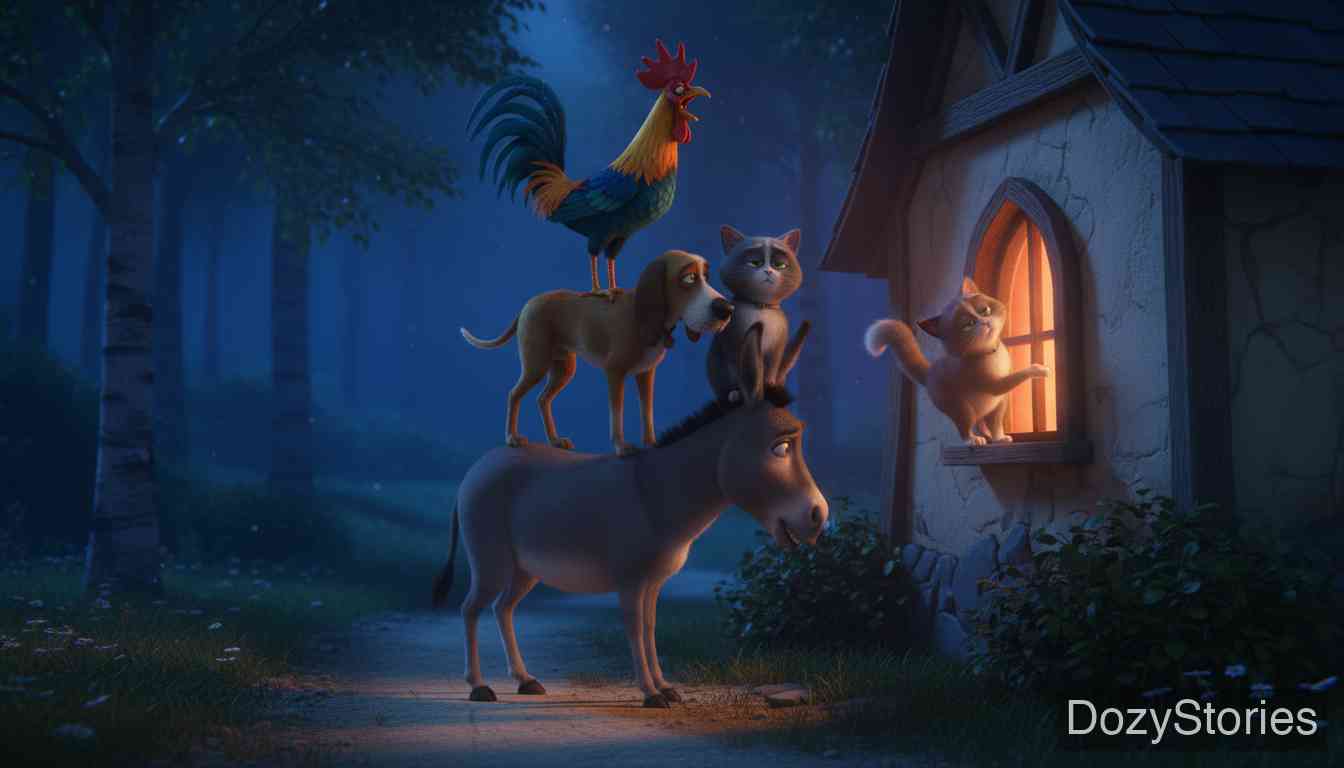 不来梅的城市乐手 - 天黑时,伙伴们在森林里发现了一间强盗屋,他们决定叠起罗汉看看屋子里的情况。 - 场景插画 3