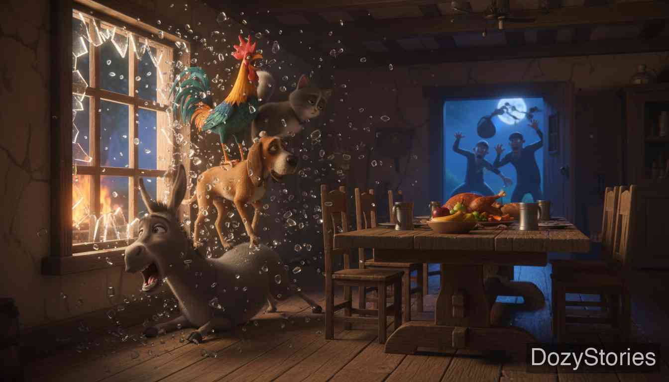 不来梅的城市乐手 - 动物们通过大合唱和撞击窗户吓跑了强盗,随后在屋子里美餐了一顿。 - 场景插画 4