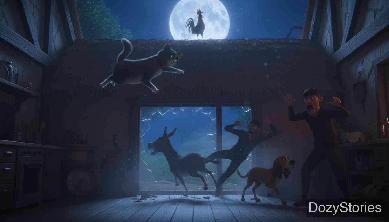 不来梅的城市乐手 - 强盗试图潜回调查却遭到了动物们的轮番攻击,从此再也不敢回来,动物们也在此定居。 - 场景插画 5