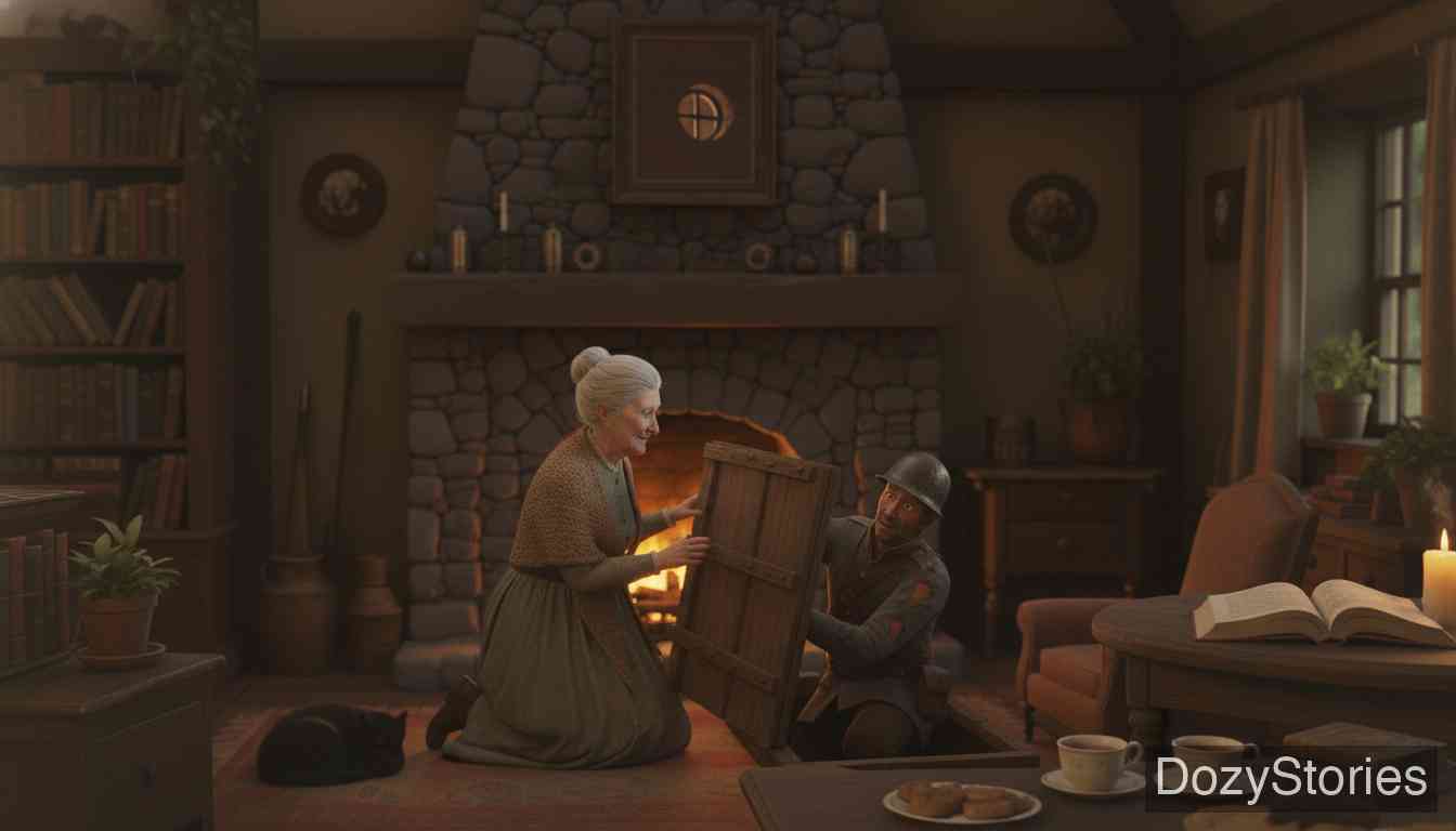 魔鬼和他的祖母 - 士兵在岩石屋里遇到了魔鬼的祖母，她同情士兵的遭遇，让他藏在地窖里，承诺帮他从孙子那里套出谜底。 - 场景插画 3