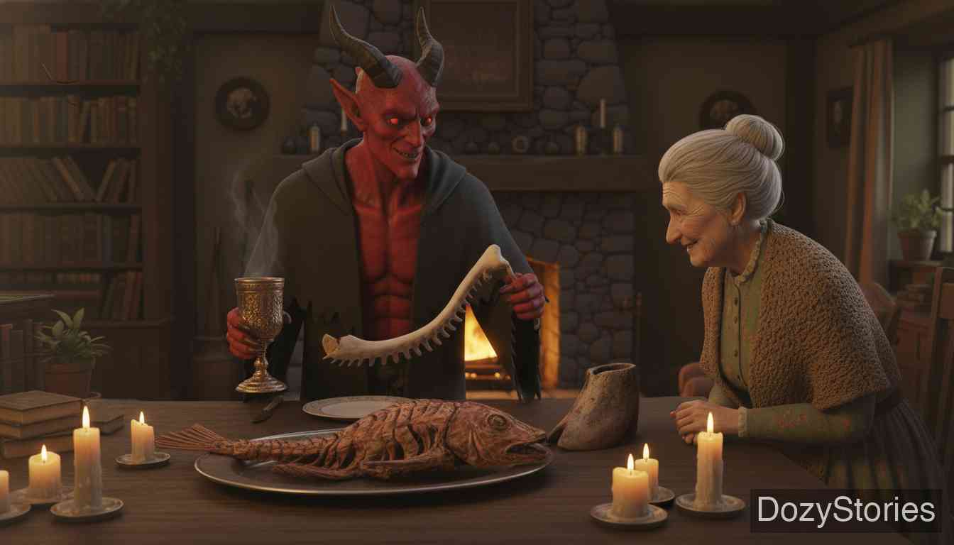 魔鬼和他的祖母 - 午夜时分，魔鬼回家吃晚餐。祖母巧妙地在闲聊中问出了谜底：烤肉是死狗鱼，勺子是鲸鱼肋骨，酒杯是老马蹄。 - 场景插画 4