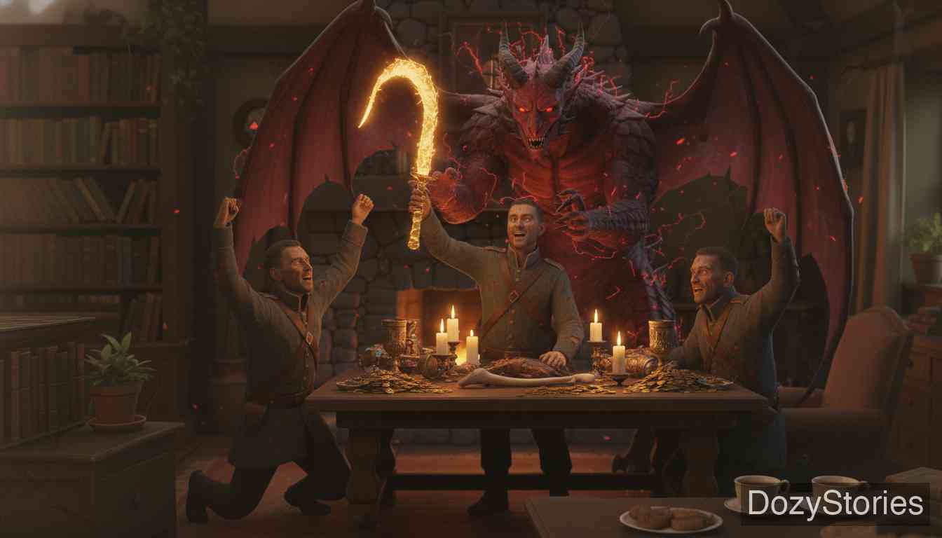 魔鬼和他的祖母 - 士兵回到同伴身边，三人正确回答了魔鬼的谜题。魔鬼愤怒地失去法力逃走了，士兵们保留了神鞭，从此过着富足快乐的生活。 - 场景插画 5