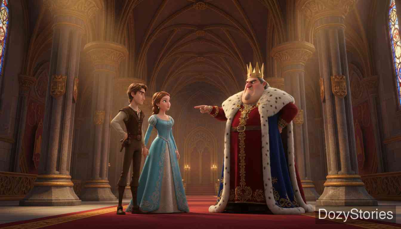 魔鬼的三根金头发 - 国王归来后大发雷霆，要求少年去地狱取回魔鬼的三根金发。 - 场景插画 3