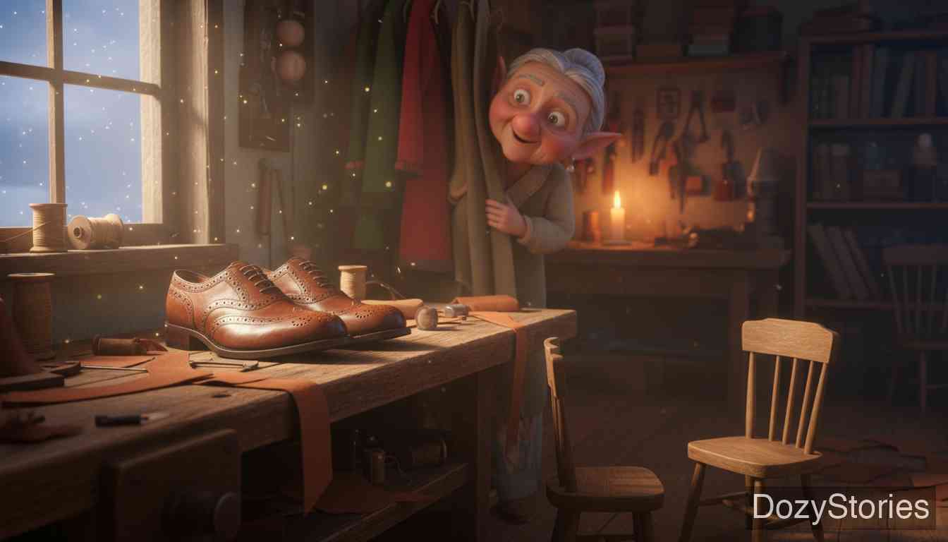 精灵与鞋匠 - 由于神秘的帮助，鞋匠变得富有，他决定和妻子在深夜一探究竟。 - 场景插画 2