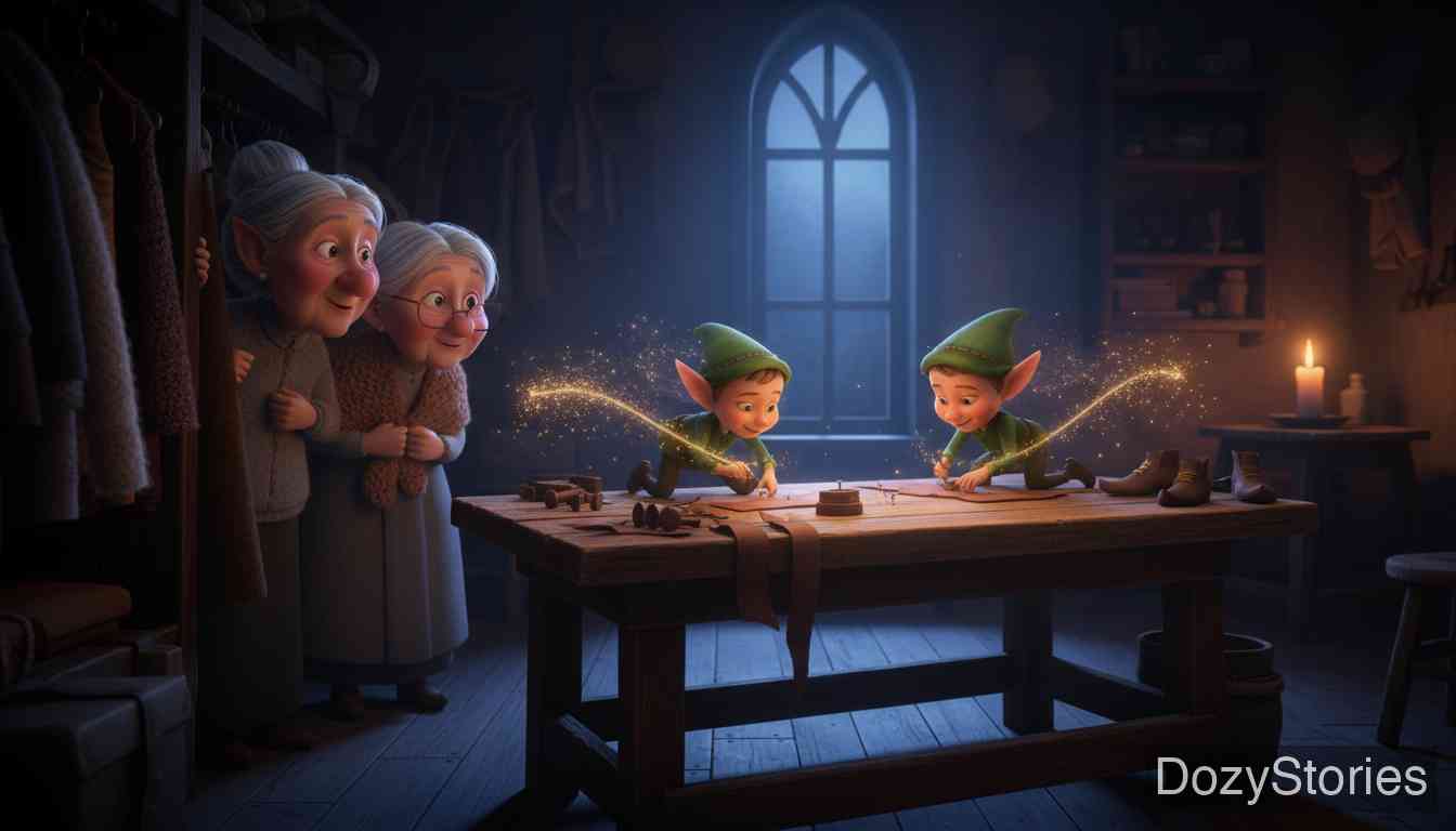 精灵与鞋匠 - 午夜时分，两个赤裸的小精灵来到桌前，以惊人的速度缝制鞋子。 - 场景插画 3