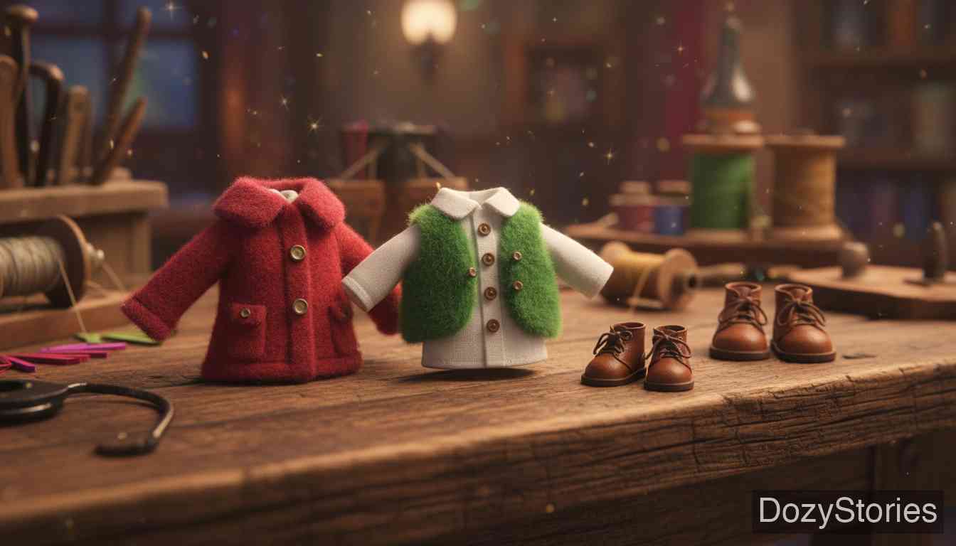 精灵与鞋匠 - 为了报答小精灵，鞋匠夫妇为他们缝制了精美的小衣服和小鞋子。 - 场景插画 4