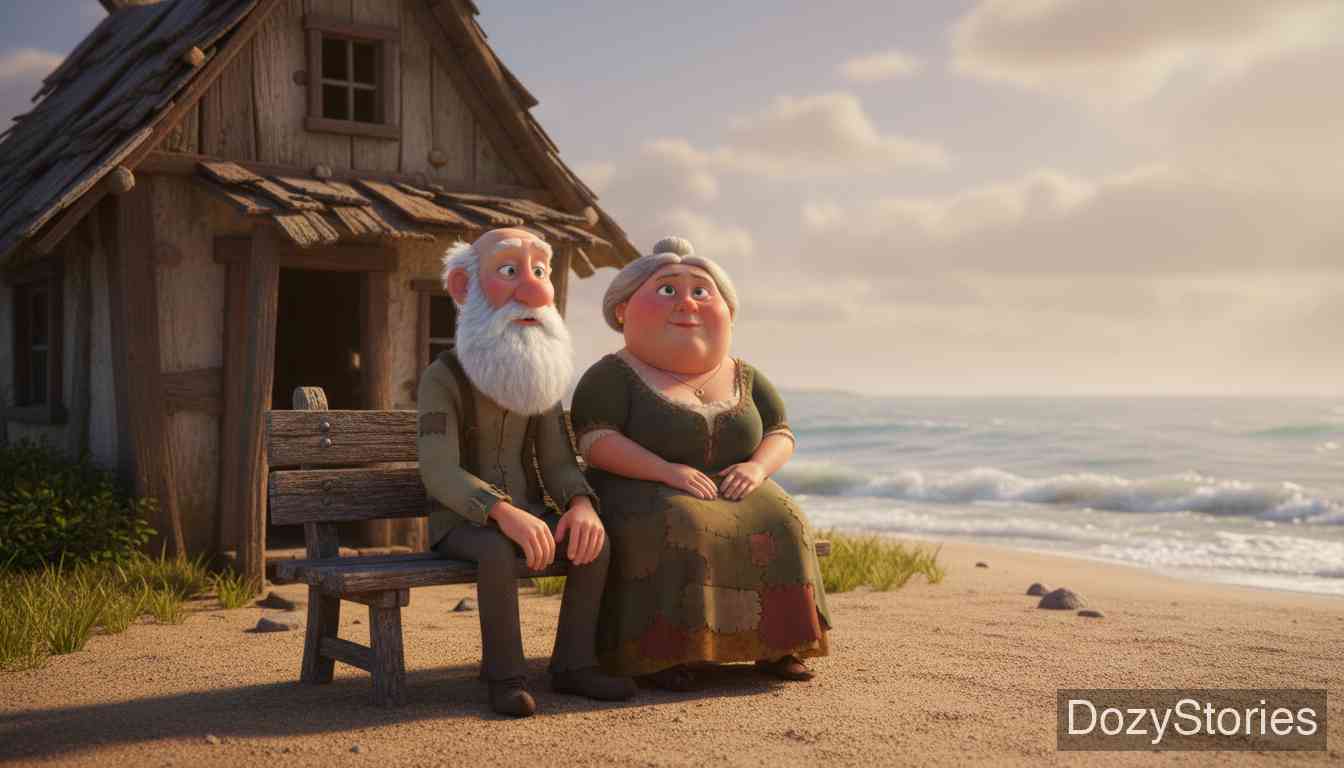 渔夫和他的妻子 - 妻子妄想控制日月升起，触怒了神灵。在可怕的风暴中，比目鱼将一切收回，他们又回到了破草棚里。 - 场景插画 5