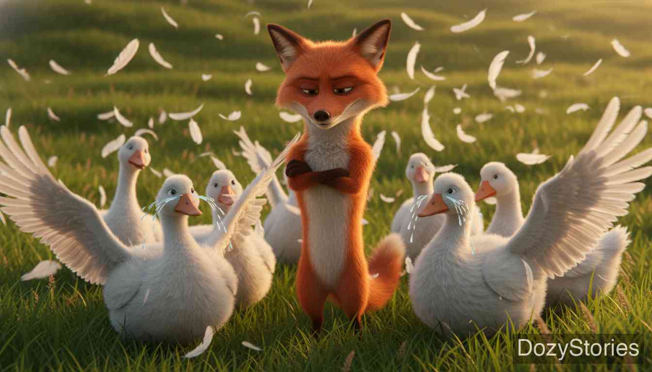 狐狸和鹅群 - 鹅群惊恐万分，哭喊着乞求饶命。但冷酷的狐狸不为所动，坚持要处死它们。 - 场景插画 2