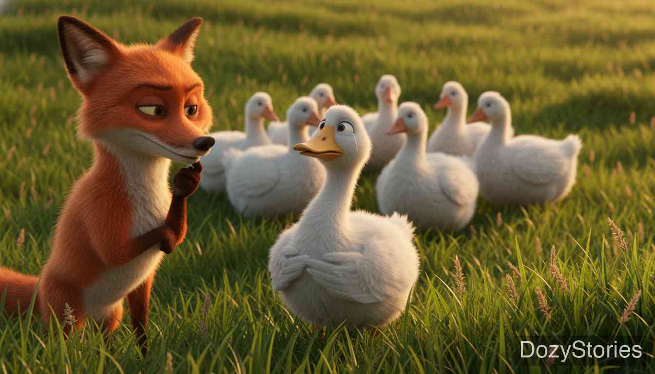 The Fox and the Geese - A brave goose negotiates with the fox, asking for a final prayer to avoid dying in sin, promising to line up for the fox afterwards. - Scene Illustration 3