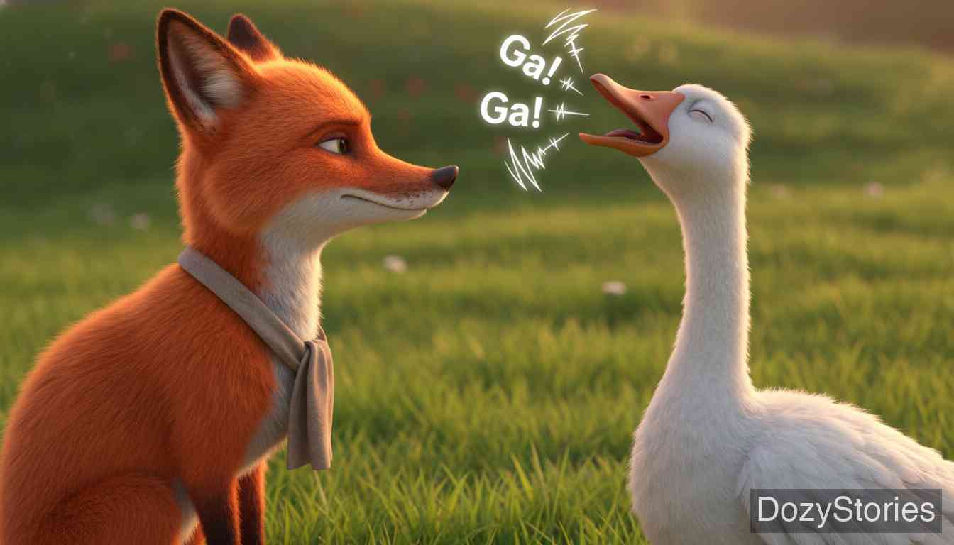 The Fox and the Geese - The fox agrees to the 'pious' request and waits. The first goose begins a very long prayer, endlessly honking 'Ga! Ga!'. - Scene Illustration 4