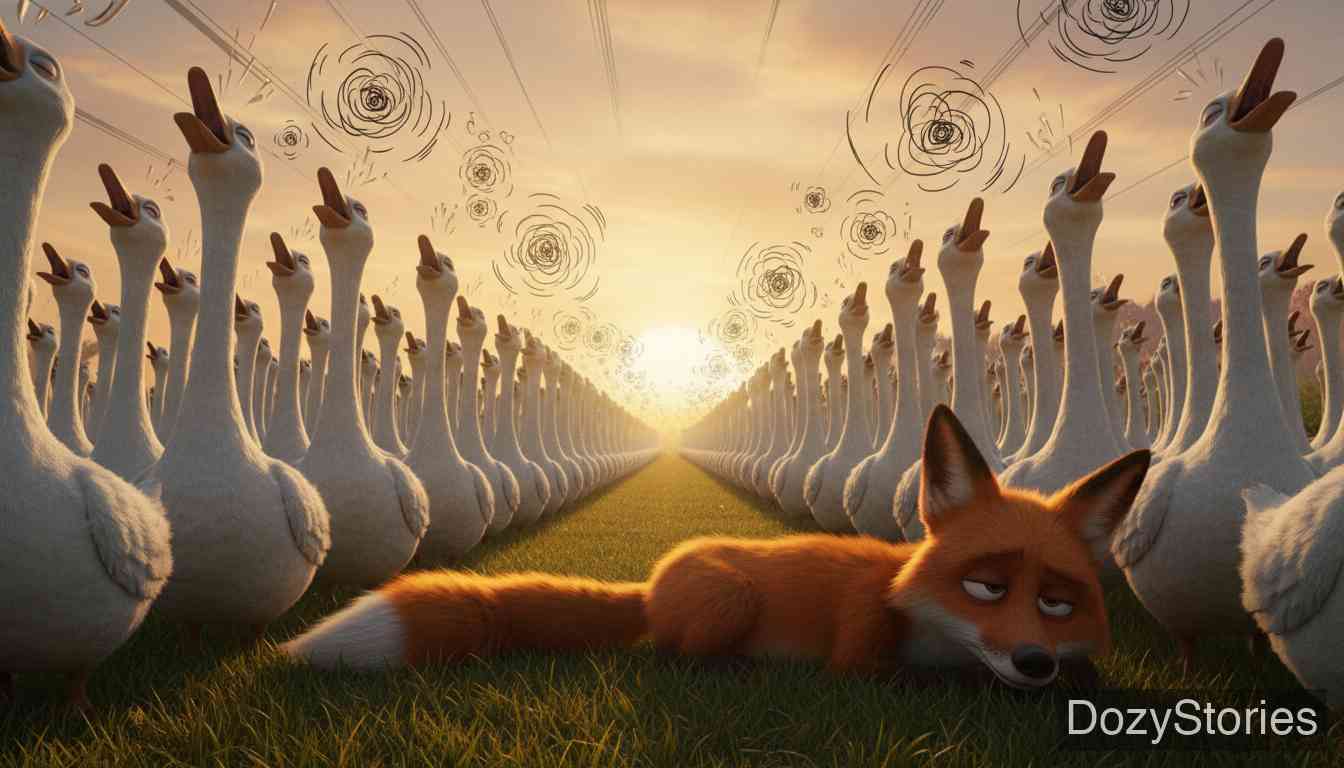 The Fox and the Geese - As the first goose won't stop, the others join in, creating an endless chorus of honking. The story ends with a meta-comment that they are still praying. - Scene Illustration 5